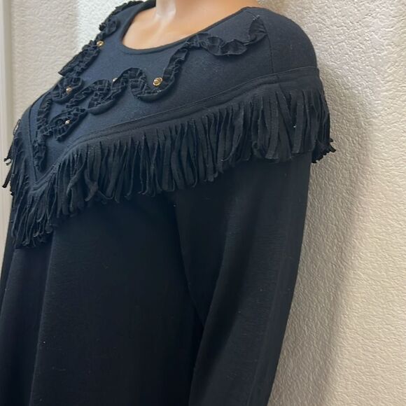 CL Carol Little Dress Sz 6 Black Wool Scoop Neck Long Sleeve Gem Stone Fringe - Picture 4 of 14